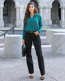 Grace and Lace Fab Fit Work Pant Straight Leg on Model with Teal Blouse