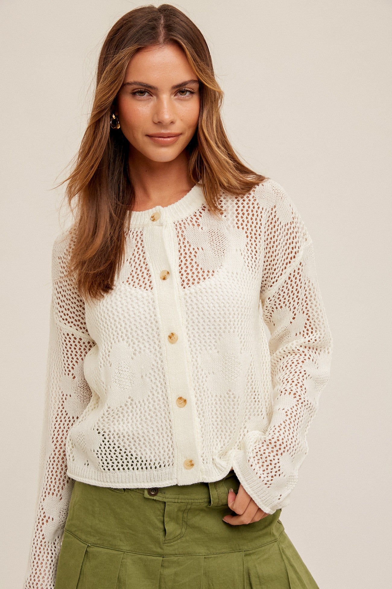 Floral Open Stitch Sweater Cardigan in White