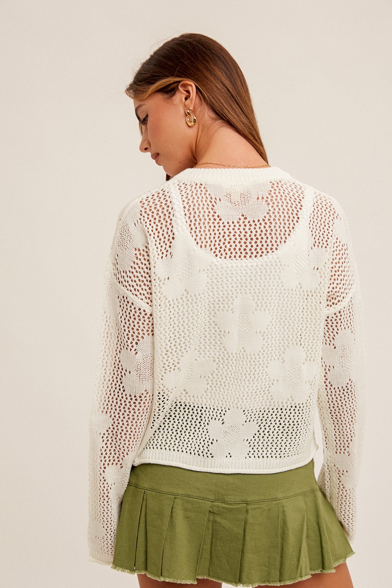 Floral Open Stitch Sweater Cardigan in White