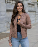 Leather Like Cafe Racer Jacket in Taupe Close Up with light denim