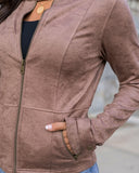 Leather Like Cafe Racer Jacket in Taupe close Up