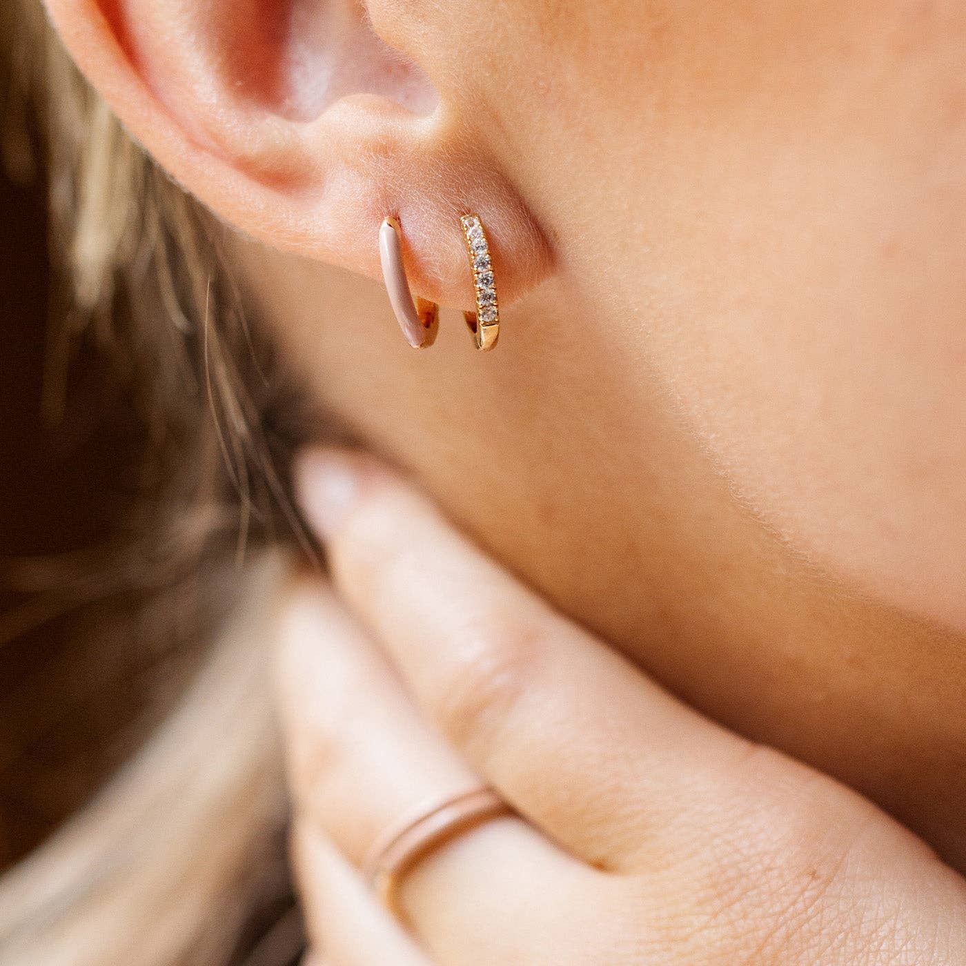 CZ Enamel Hoop Earrings: Blush / Gold Vermeil