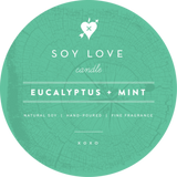 Soy Love Teal Candle label for Eucalyptus + Mint Candle