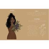 Front of informational card with illustrations and text about Naomi's story