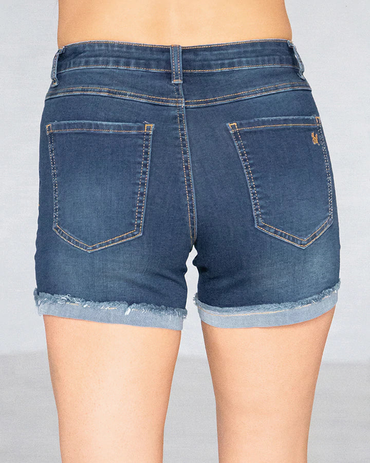 Back view of dark was denim shorts with a folded cuff and back pocekts