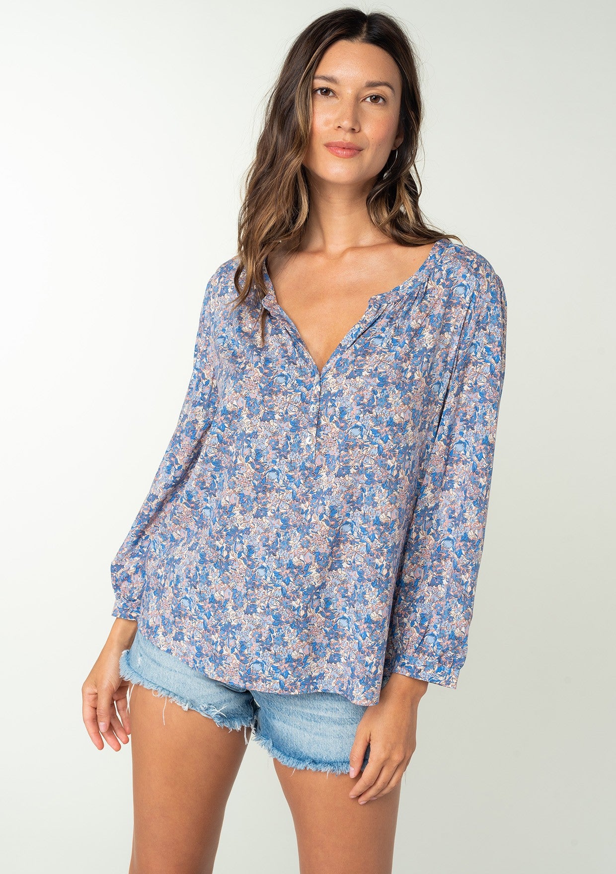 Blue Mulitfloral Blouse, 3/4 length sleeves, and a V-neck style