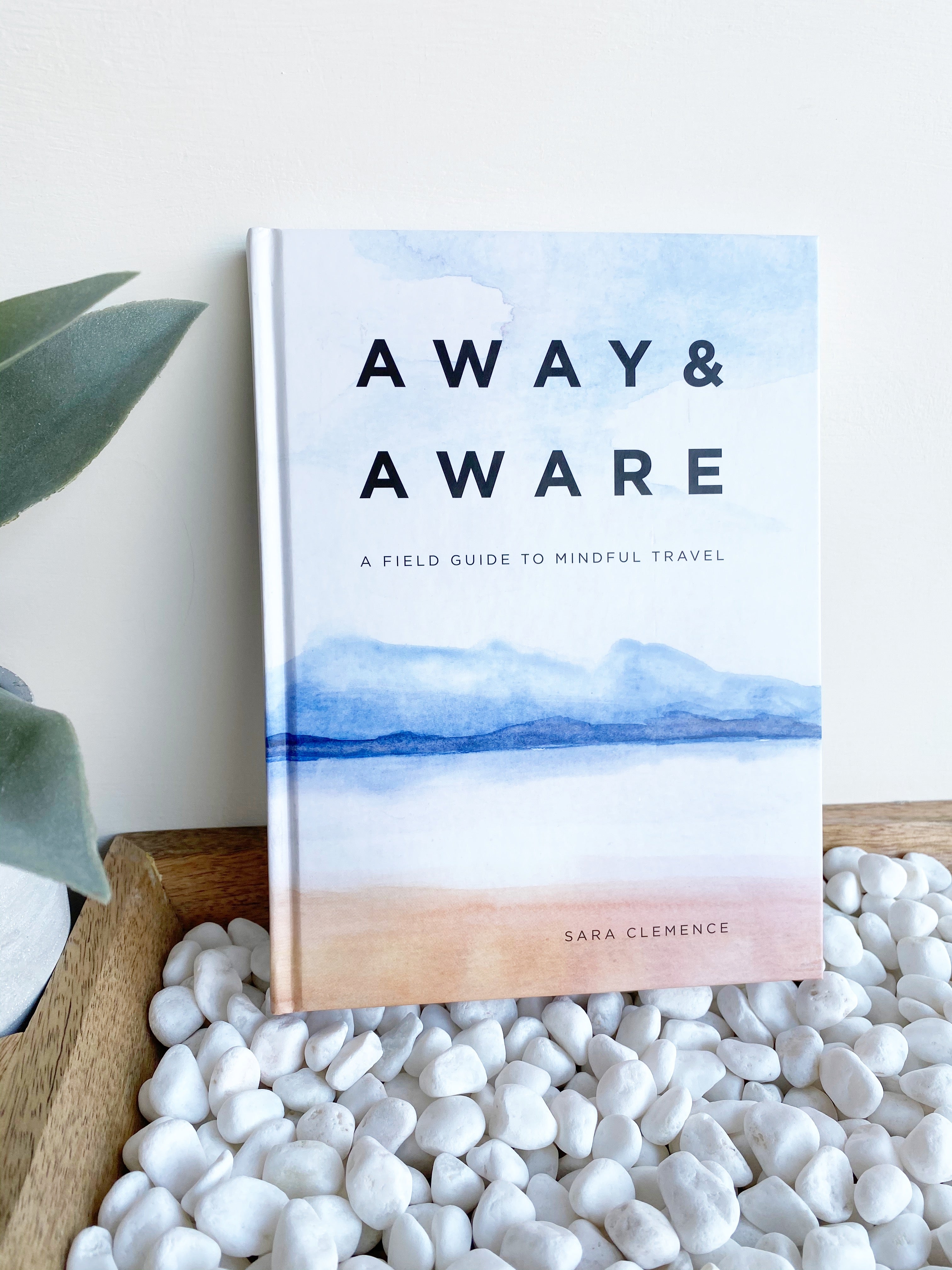 The hardcover book sits upright against a white wall, sitting atop a wooden tray filled with white pebbles. There is a green plant peeking over the left side. The book cover features an abstract scene that resembles blue skies, dark blue water, and sandy beach. In bold black text, the title Away & Aware is printed with description and author text below.