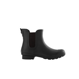 Black rubber ankle rain boot sits against solid white backdrop showing side profile