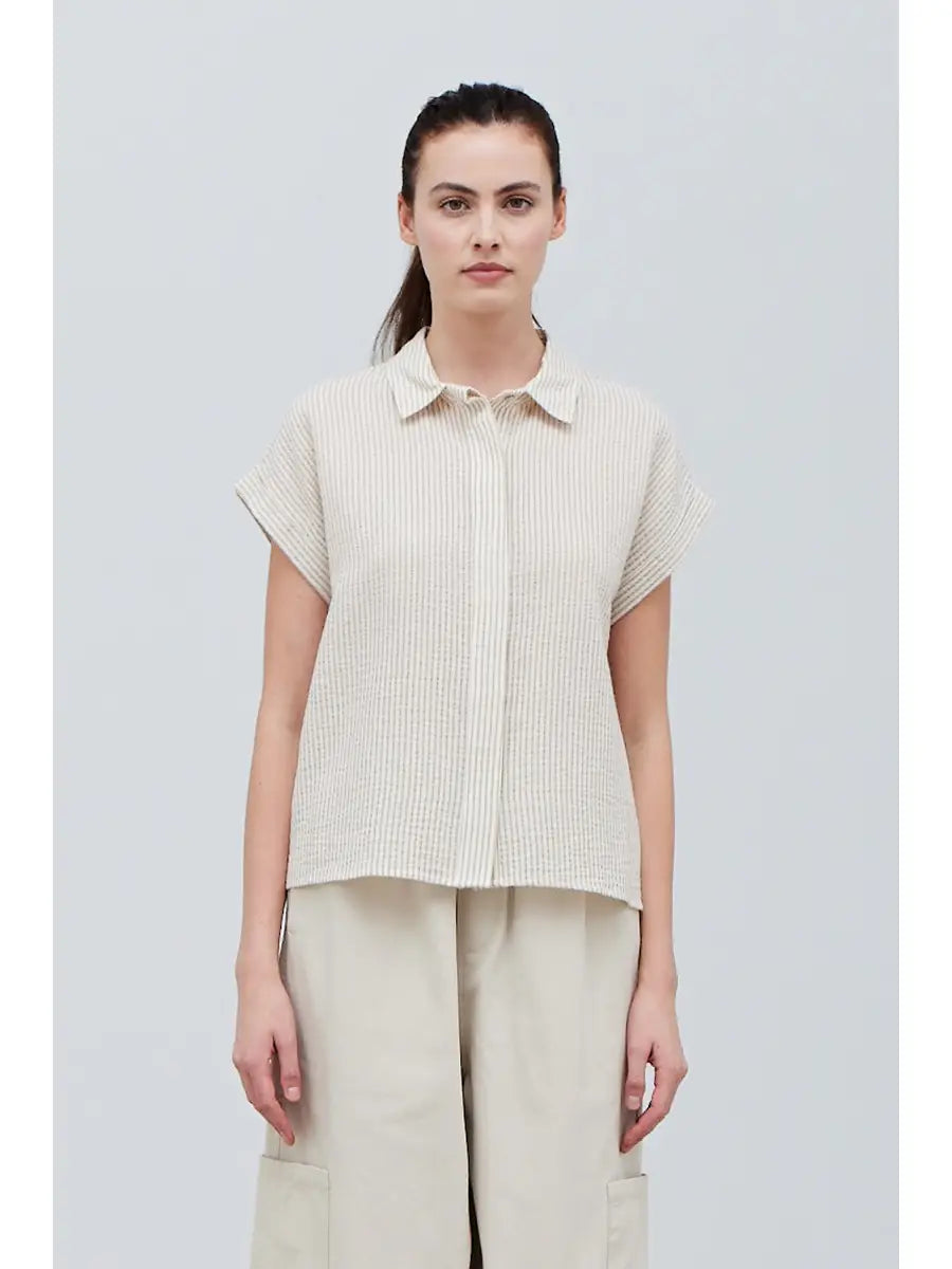 Short Sleeve Stripe Cotton Linen Shirt